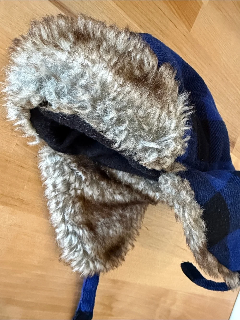 Kids Blue and Black Plaid Faux-Fur Trapper Hat